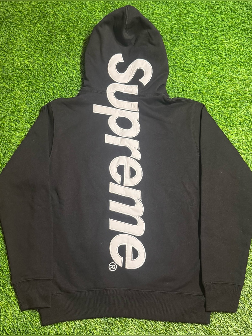 black supreme satin appliqué hoodie